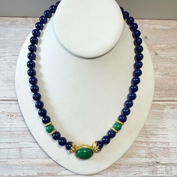 Vintage Avon Blue Green Gold Bead Necklace Rhinestone & Cabochon Center 20" - Picture 8 of 10
